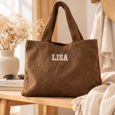 XL Teddy Shopper met naam - borduren - chocolade